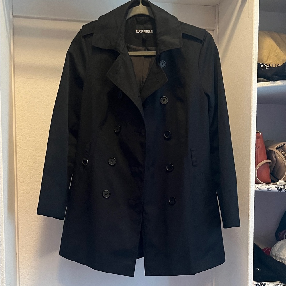 Express Black Trench coat Petite Small waterproof heavy weight modern tailored